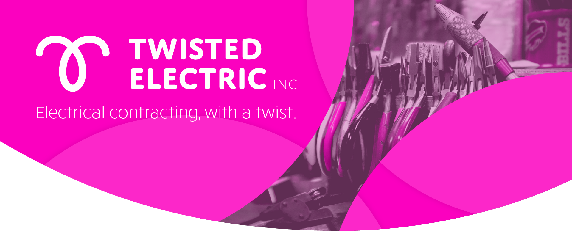 Twisted Electric Inc website header with bright pink elements and white text stating "Electrical contracting, with a twist."
