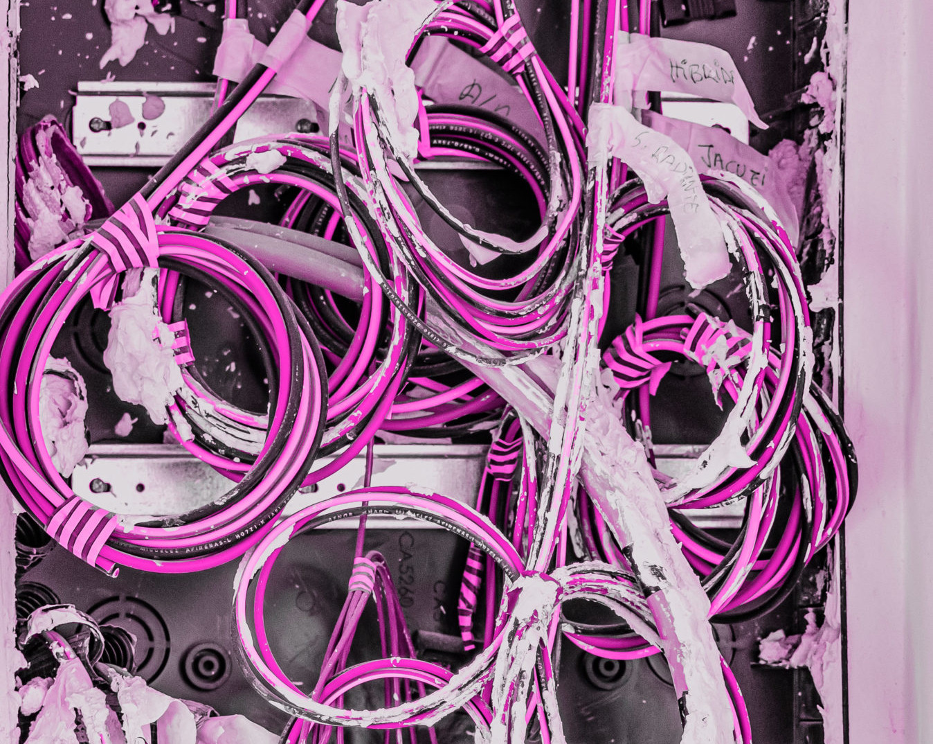 Pink filtered image of bundles of wires in a wiring box - Twisted Electric wiring upgrades NB